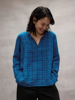 Puckered Organic Linen Plaid Keyhole Top