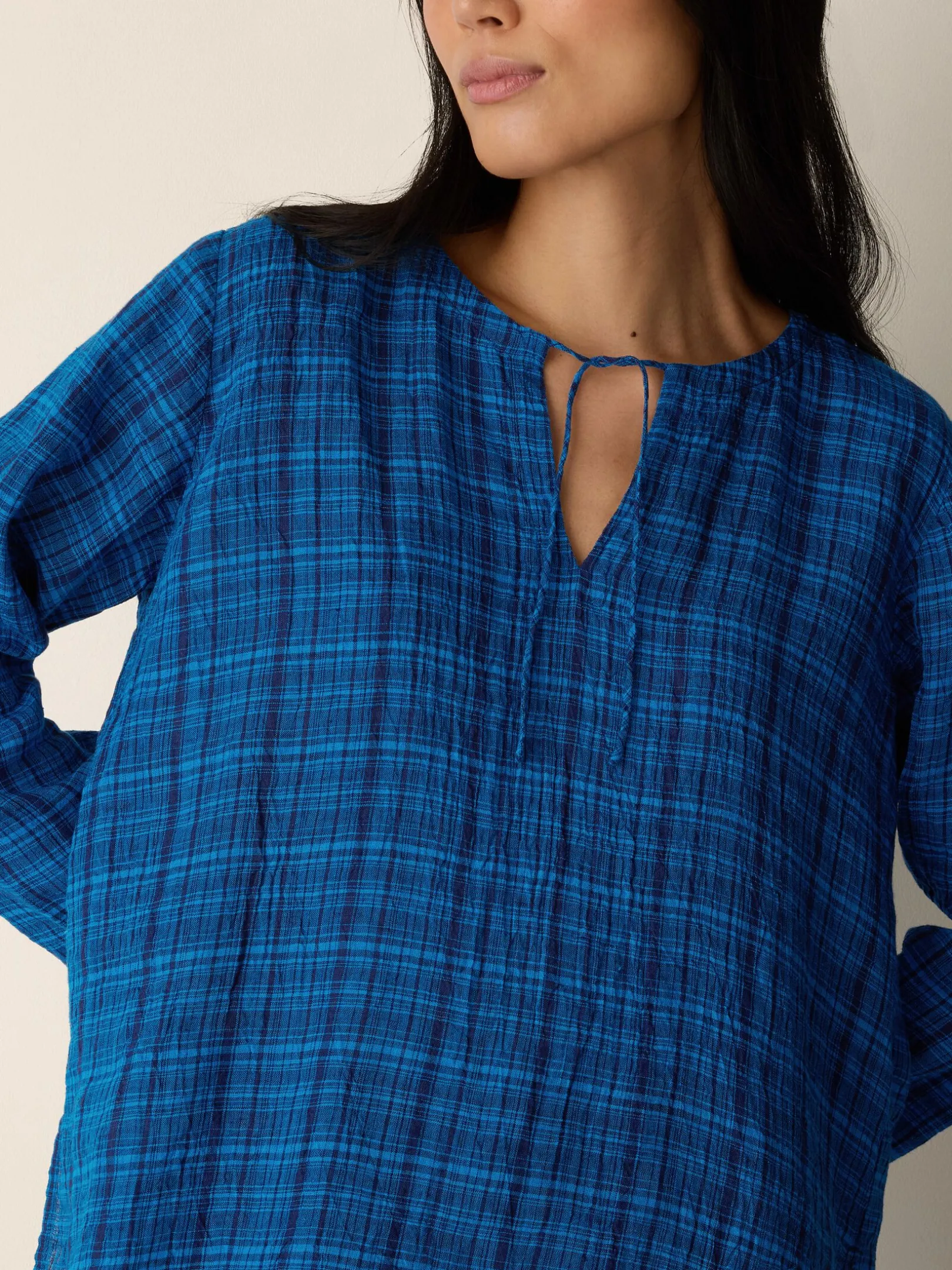 Puckered Organic Linen Plaid Keyhole Top