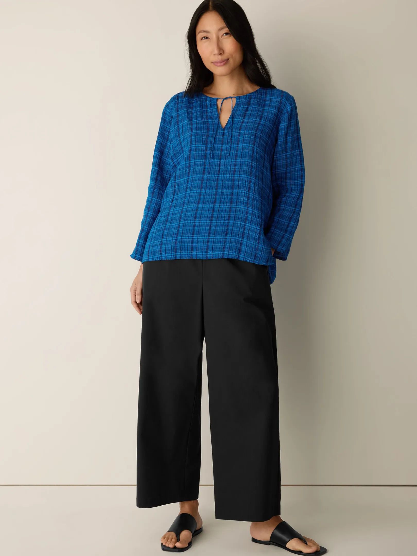 Puckered Organic Linen Plaid Keyhole Top
