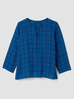 Puckered Organic Linen Plaid Keyhole Top