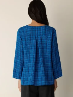 Puckered Organic Linen Plaid Keyhole Top