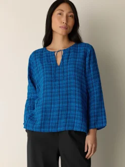 Puckered Organic Linen Plaid Keyhole Top