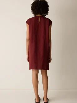 Puckered Organic Linen Stripe Jewel Neck Dress