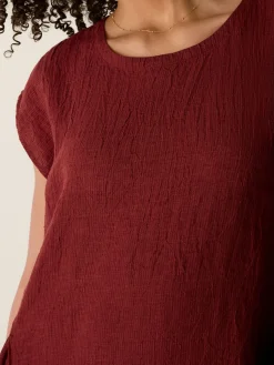 Puckered Organic Linen Stripe Jewel Neck Dress