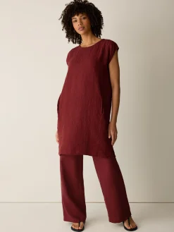 Puckered Organic Linen Stripe Jewel Neck Dress