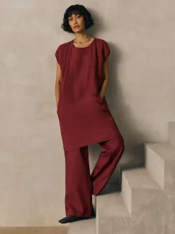 Puckered Organic Linen Stripe Jewel Neck Dress