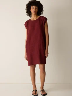 Puckered Organic Linen Stripe Jewel Neck Dress