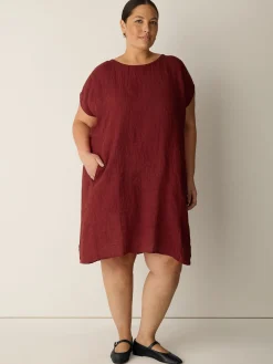 Puckered Organic Linen Stripe Jewel Neck Dress