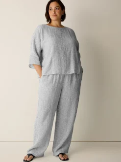 Puckered Organic Linen Stripe Straight Pant