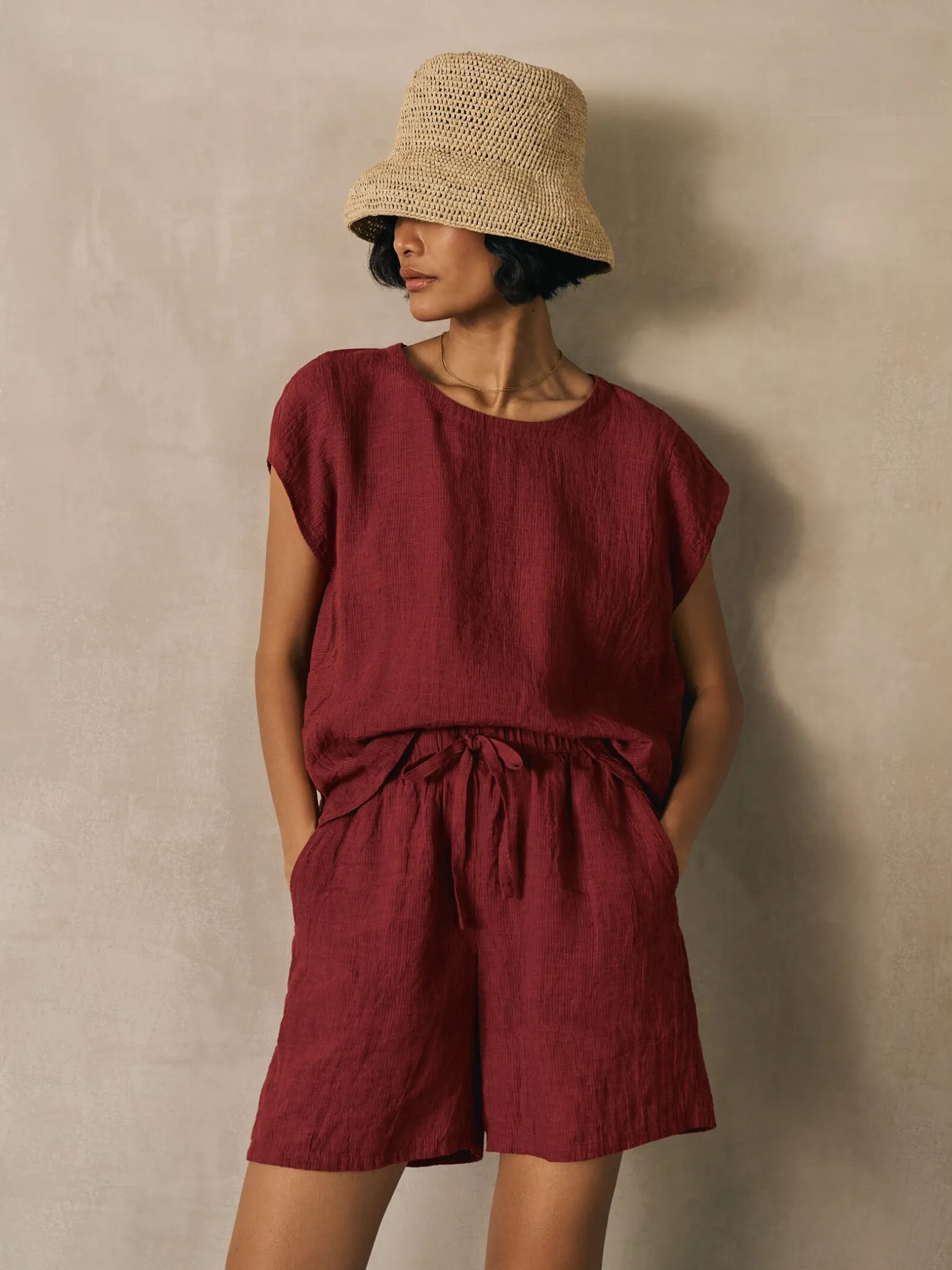 Puckered Organic Linen Stripe Shorts