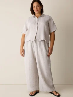 Puckered Organic Linen Stripe Wide-Leg Pant