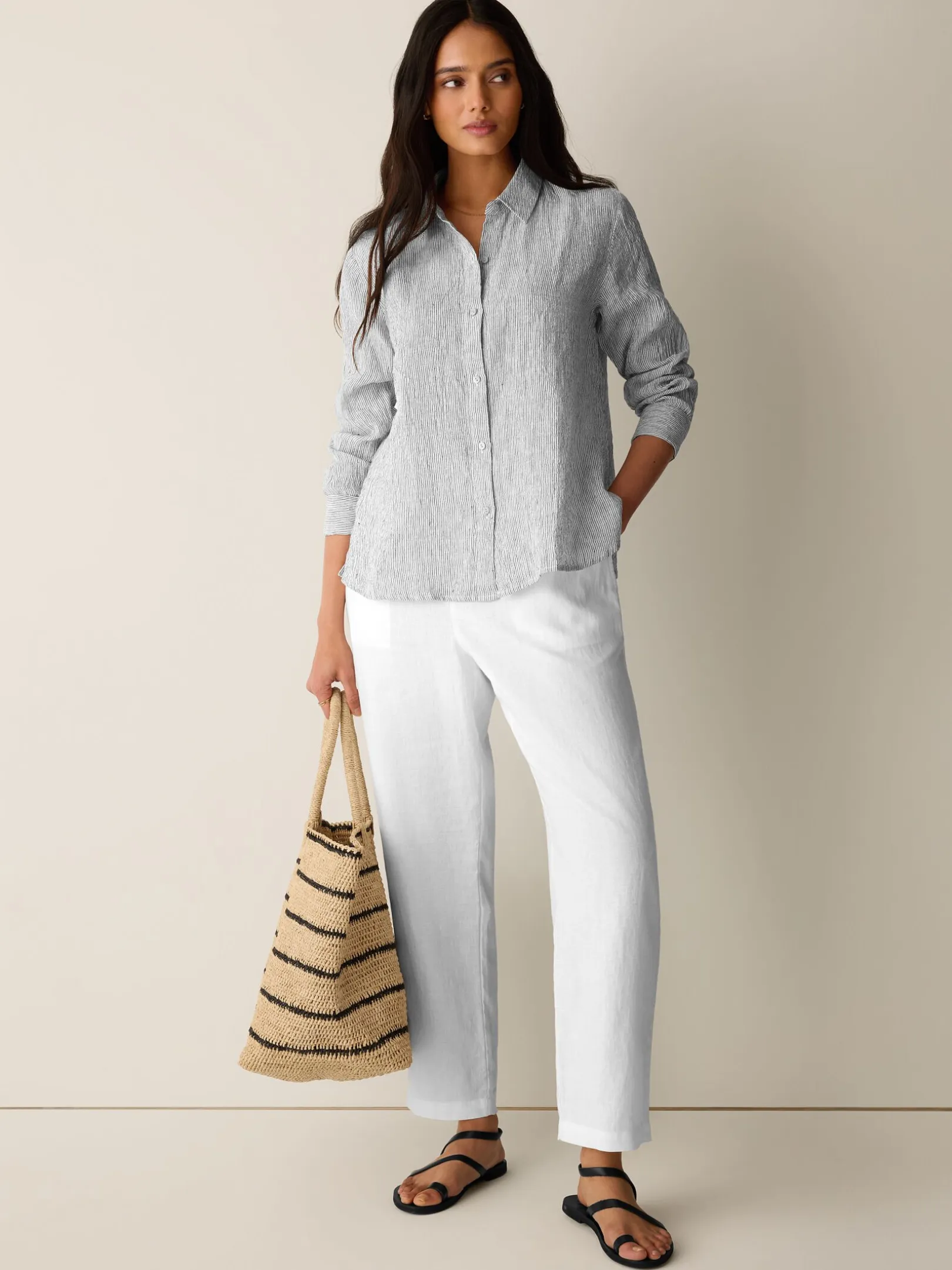 Puckered Organic Linen Stripe Classic Collar Shirt