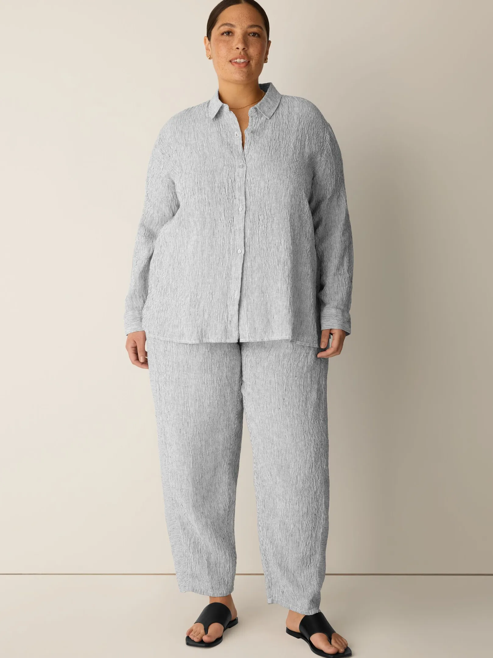 Puckered Organic Linen Stripe Classic Collar Shirt