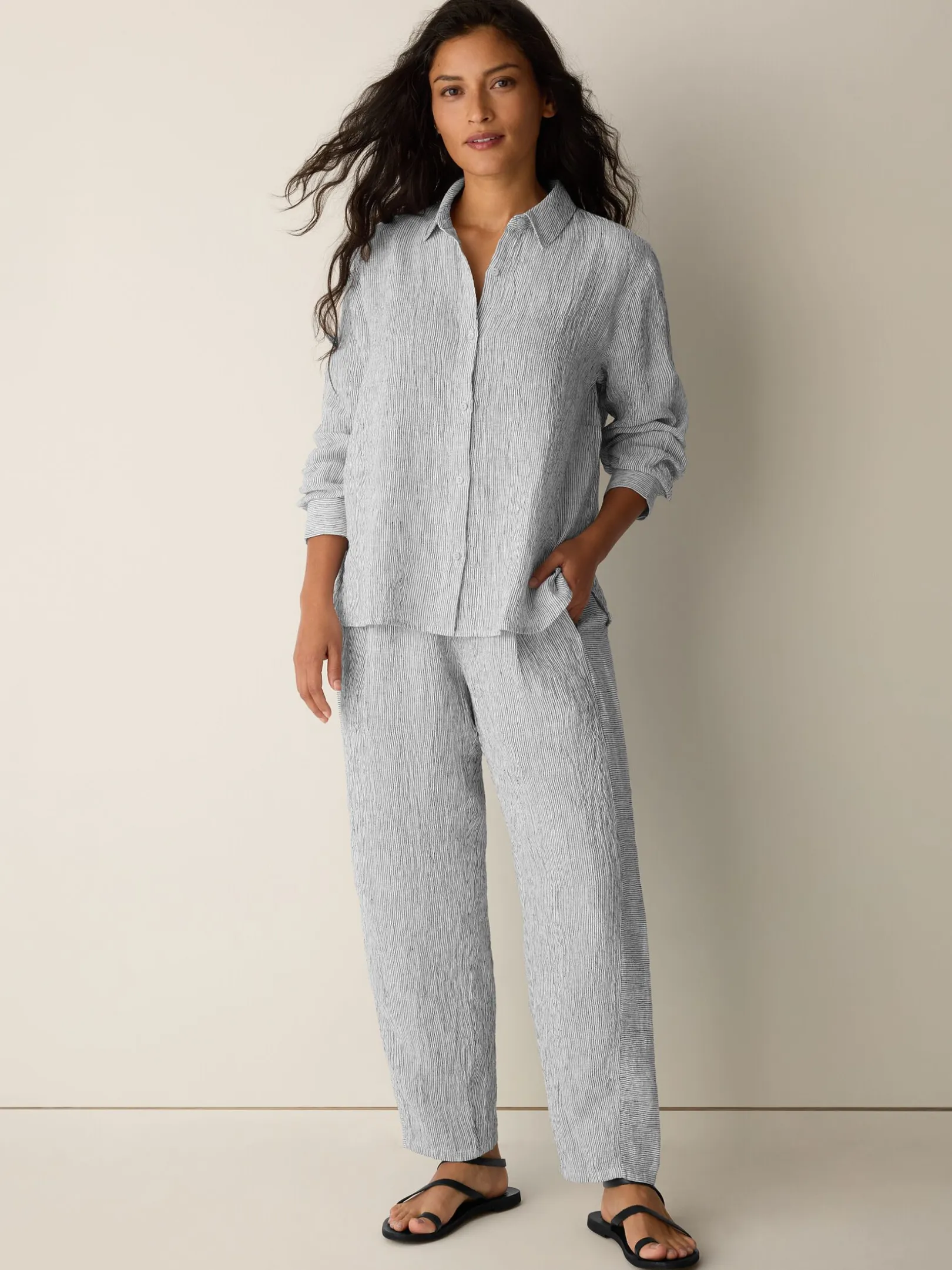 Puckered Organic Linen Stripe Classic Collar Shirt