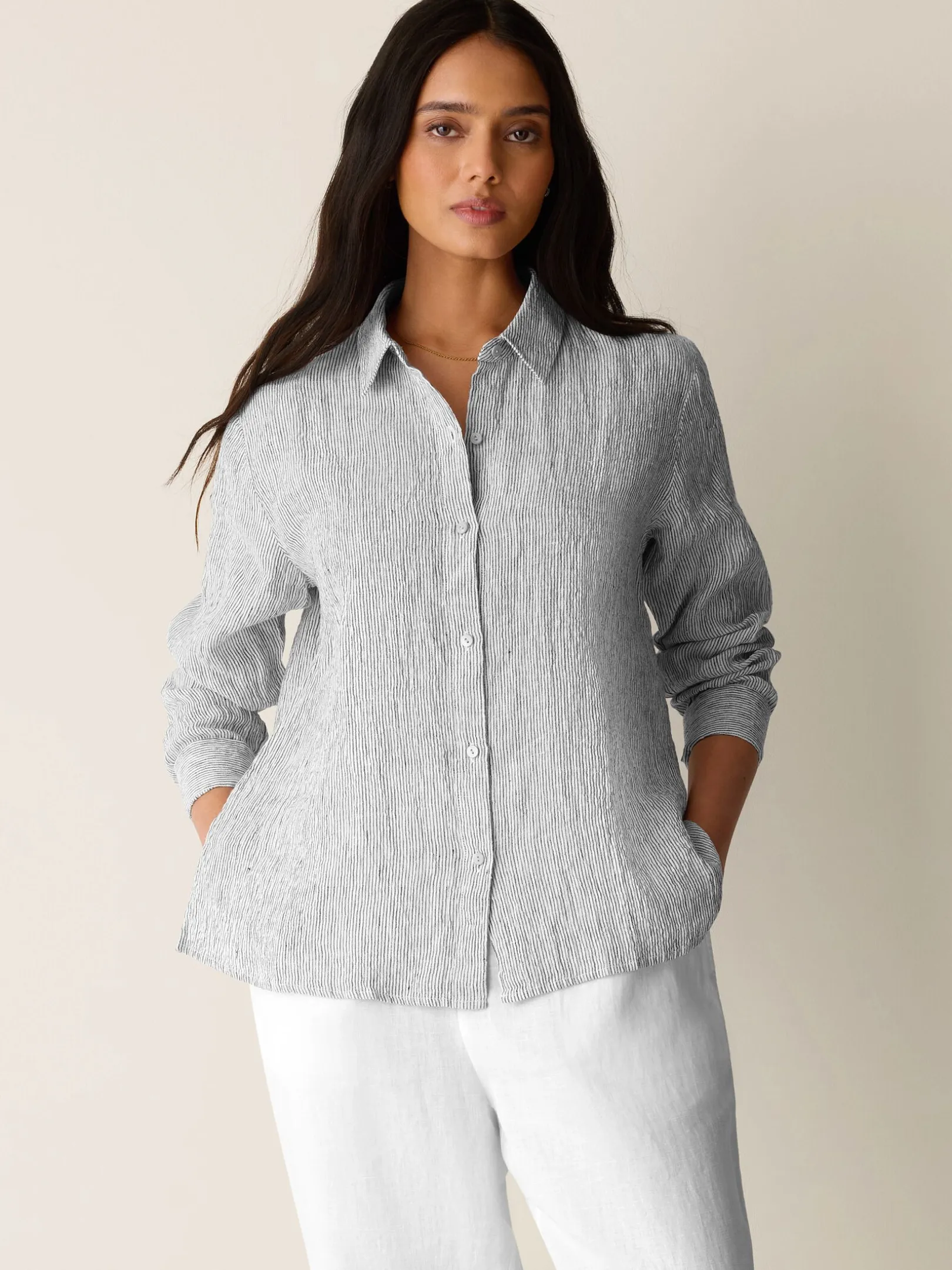 Puckered Organic Linen Stripe Classic Collar Shirt