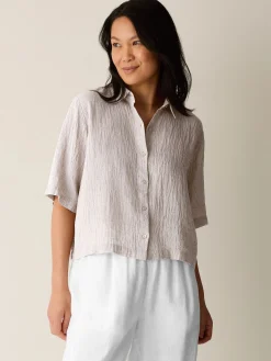 Puckered Organic Linen Stripe Elbow-Sleeve Shirt