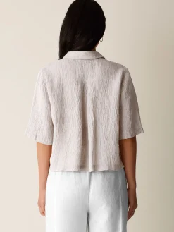 Puckered Organic Linen Stripe Elbow-Sleeve Shirt