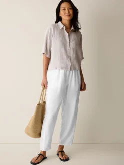 Puckered Organic Linen Stripe Elbow-Sleeve Shirt