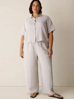 Puckered Organic Linen Stripe Elbow-Sleeve Shirt