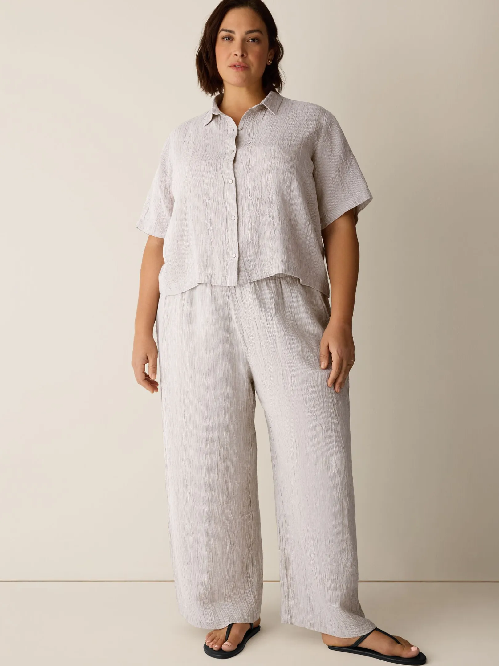 Puckered Organic Linen Stripe Elbow-Sleeve Shirt
