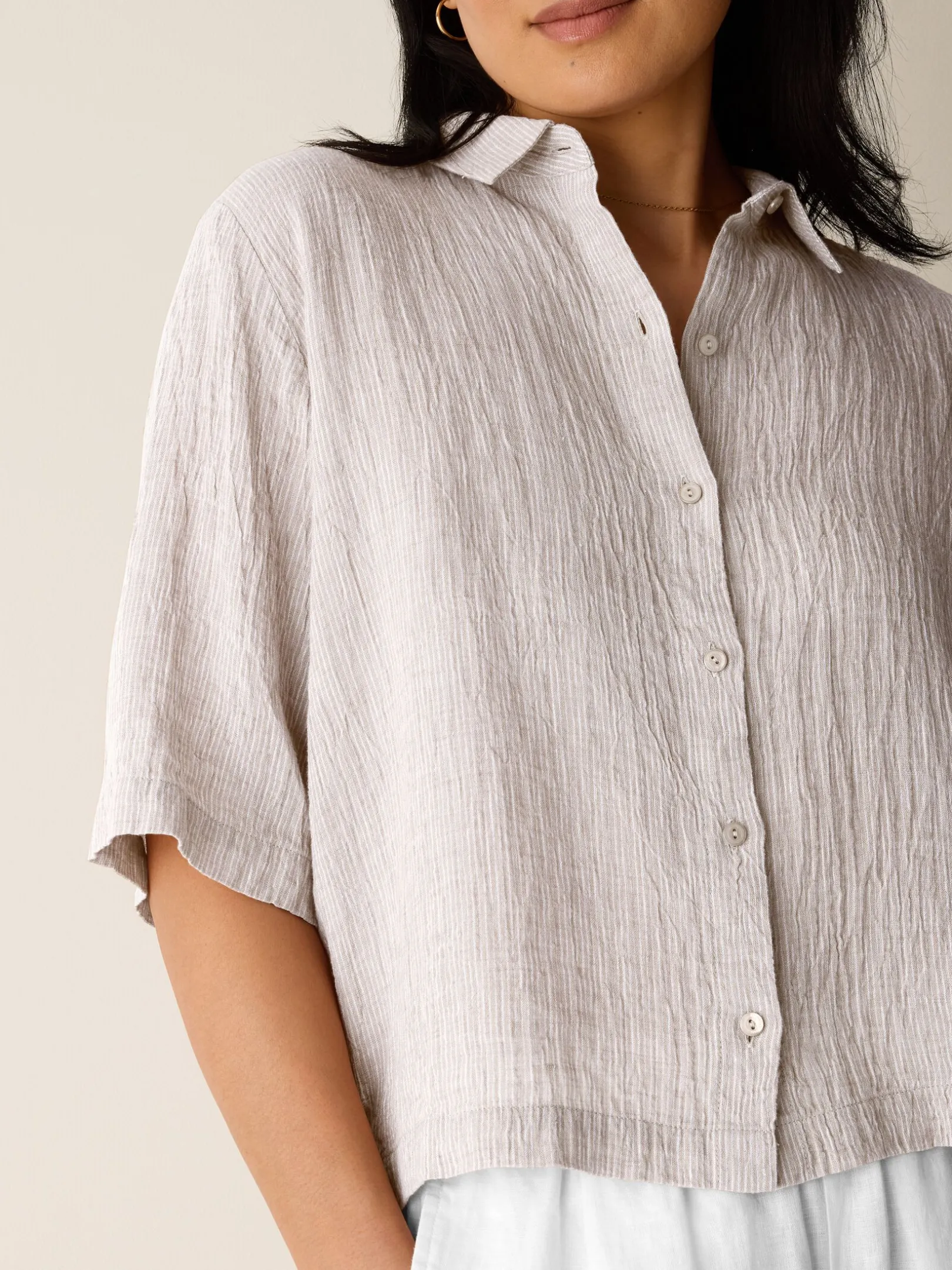 Puckered Organic Linen Stripe Elbow-Sleeve Shirt