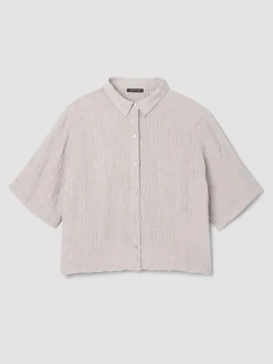 Puckered Organic Linen Stripe Elbow-Sleeve Shirt