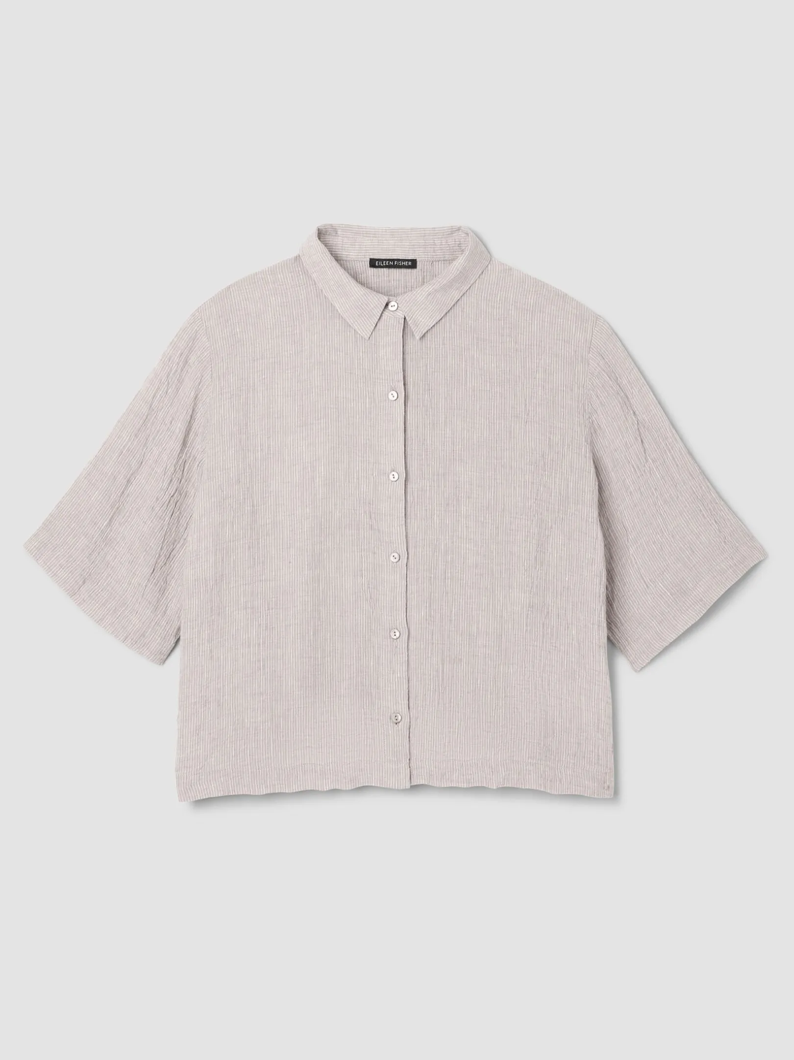 Puckered Organic Linen Stripe Elbow-Sleeve Shirt