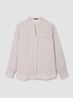 Puckered Organic Linen Stripe Band Collar Shirt