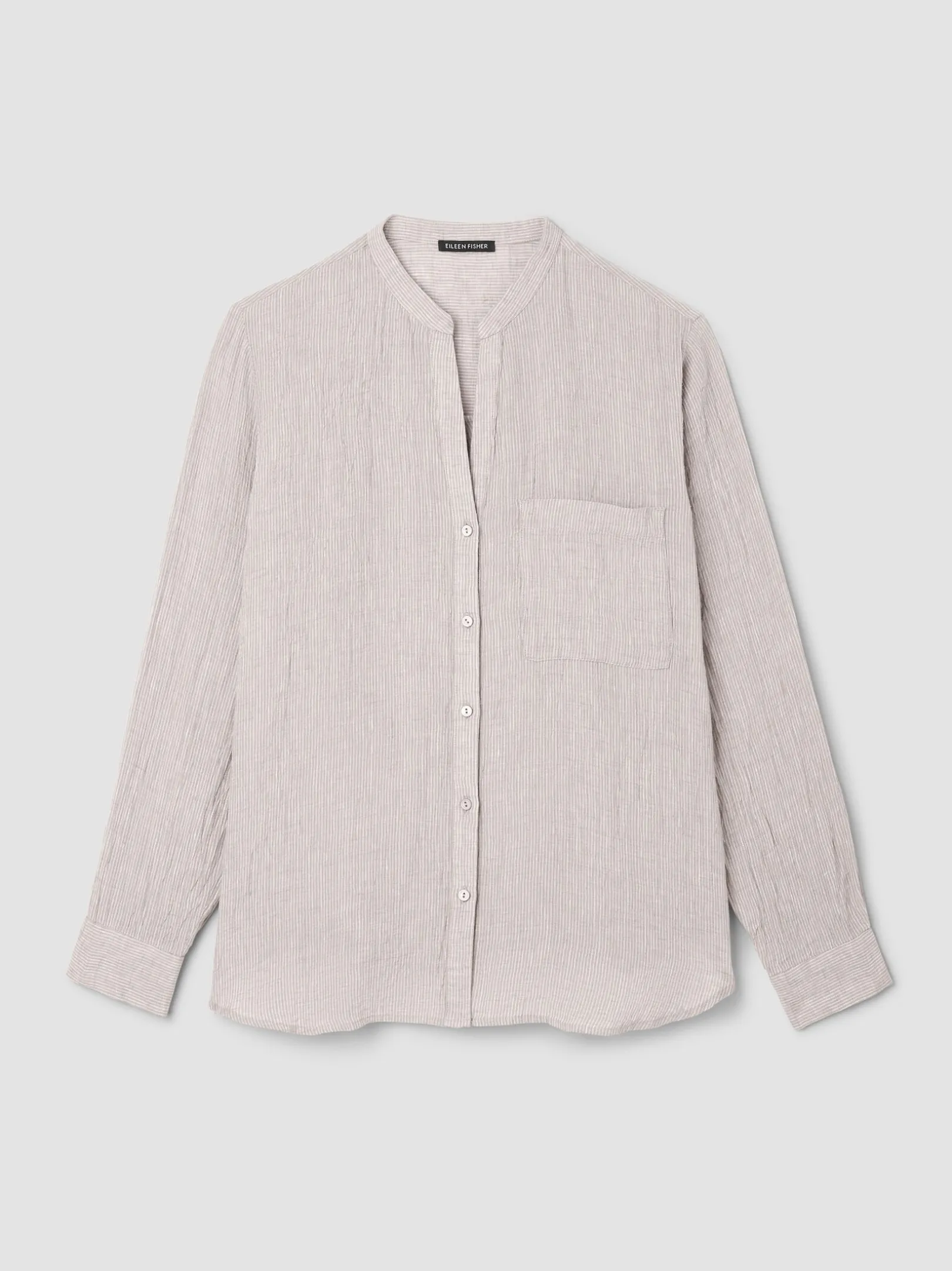 Puckered Organic Linen Stripe Band Collar Shirt
