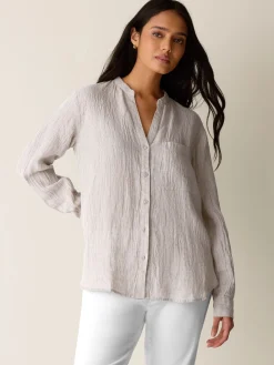 Puckered Organic Linen Stripe Band Collar Shirt