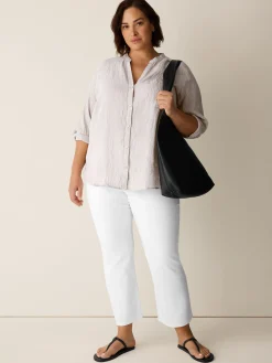 Puckered Organic Linen Stripe Band Collar Shirt