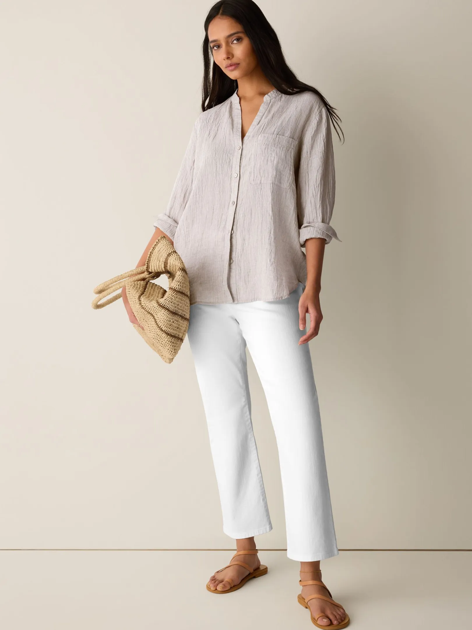 Puckered Organic Linen Stripe Band Collar Shirt
