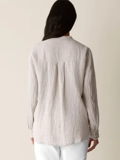 Puckered Organic Linen Stripe Band Collar Shirt