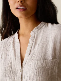 Puckered Organic Linen Stripe Band Collar Shirt