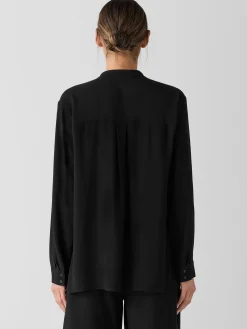 Silk Georgette Crepe Band Collar Shirt