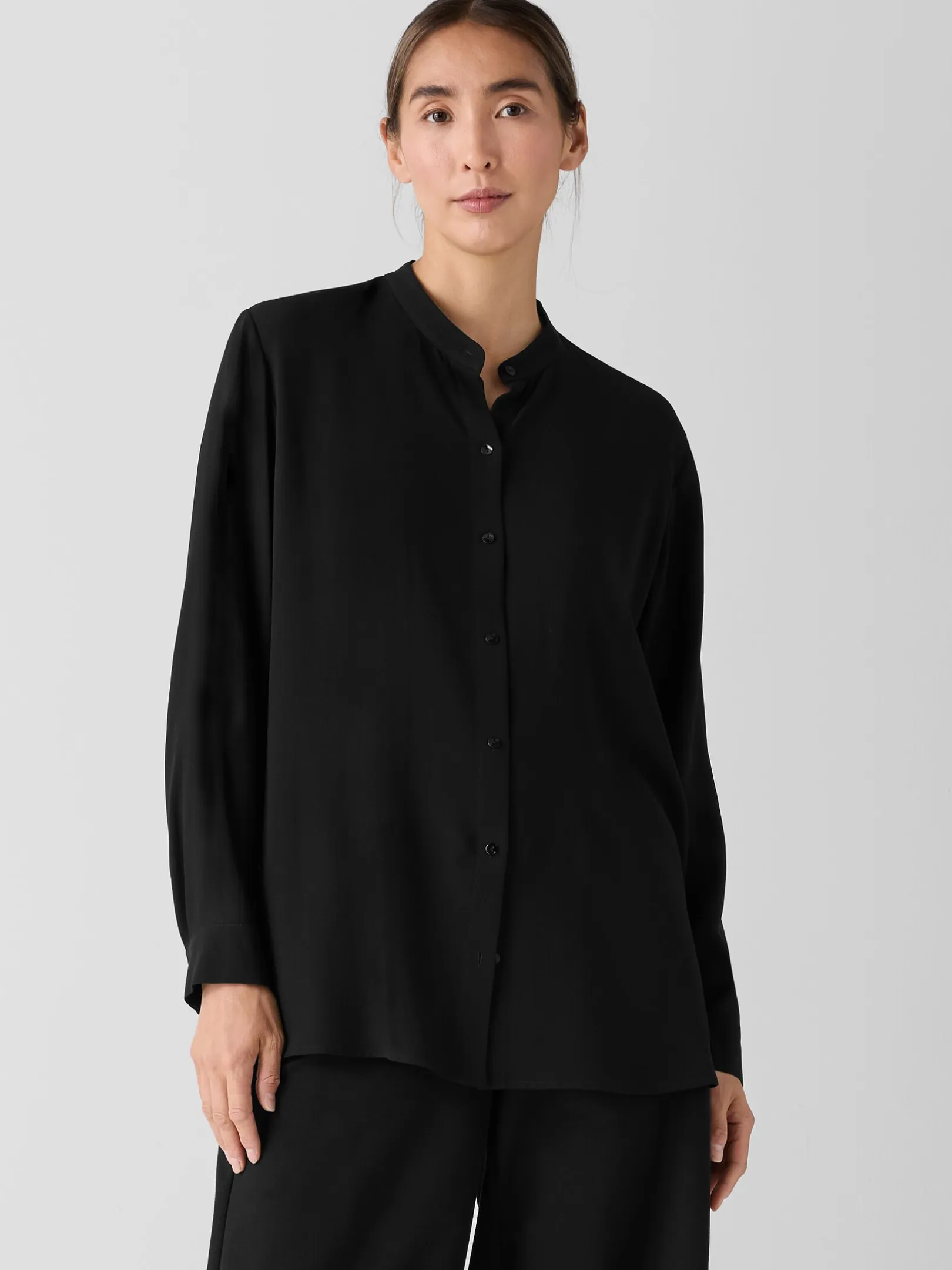 Silk Georgette Crepe Band Collar Shirt