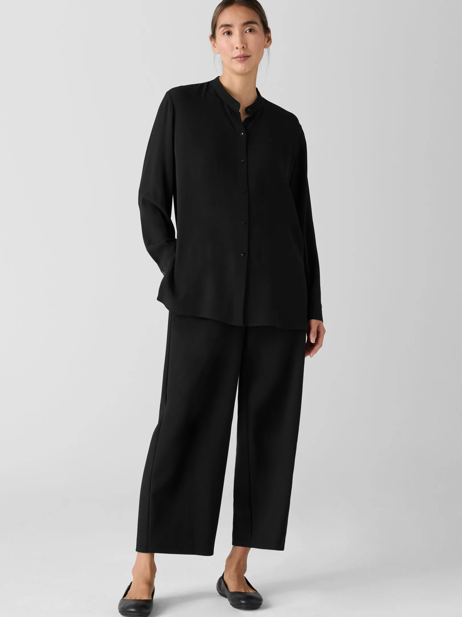 Silk Georgette Crepe Band Collar Shirt