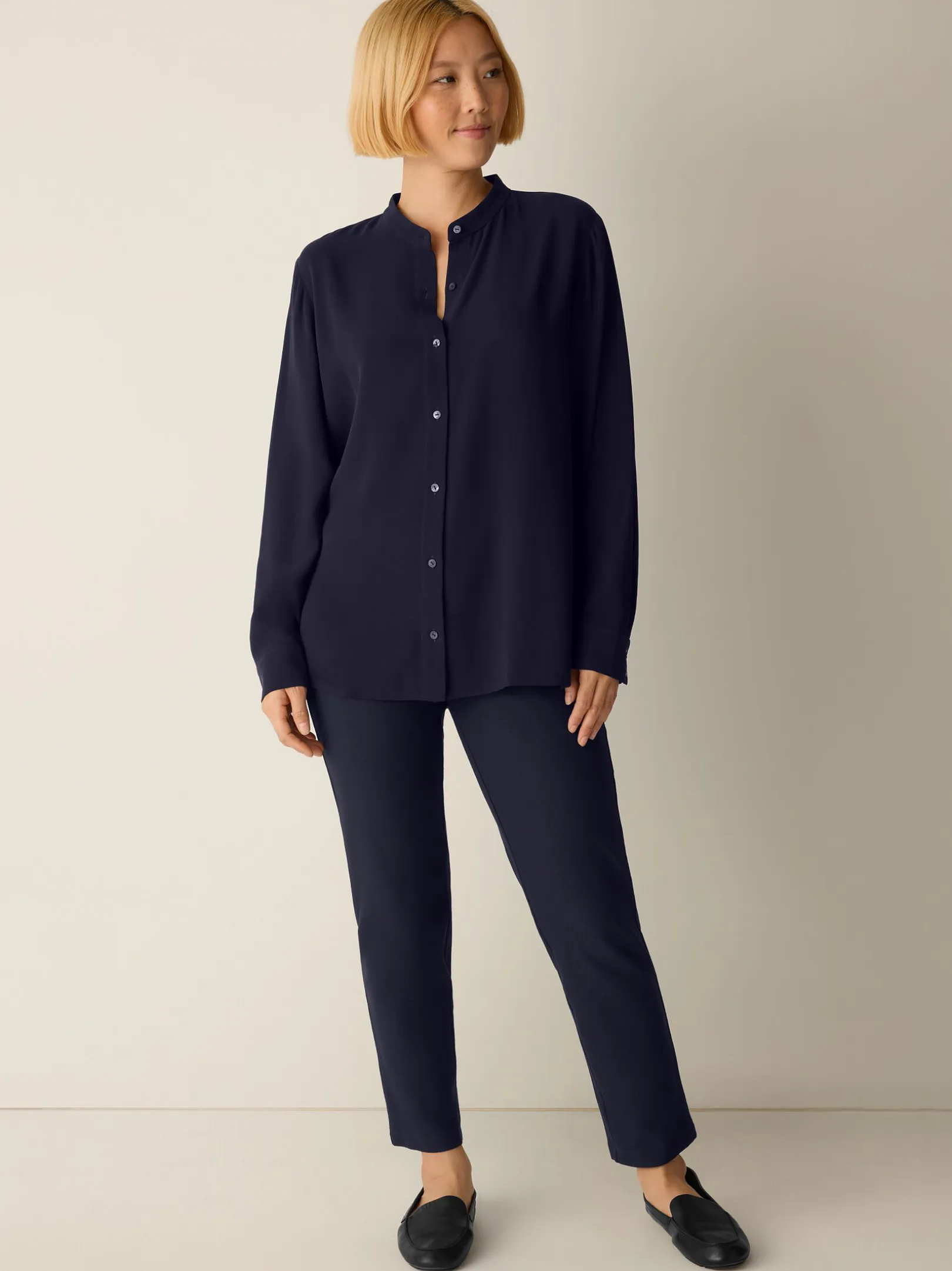 Silk Georgette Crepe Band Collar Shirt