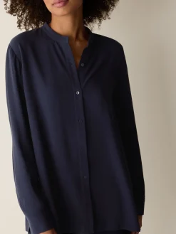 Silk Georgette Crepe Band Collar Shirt