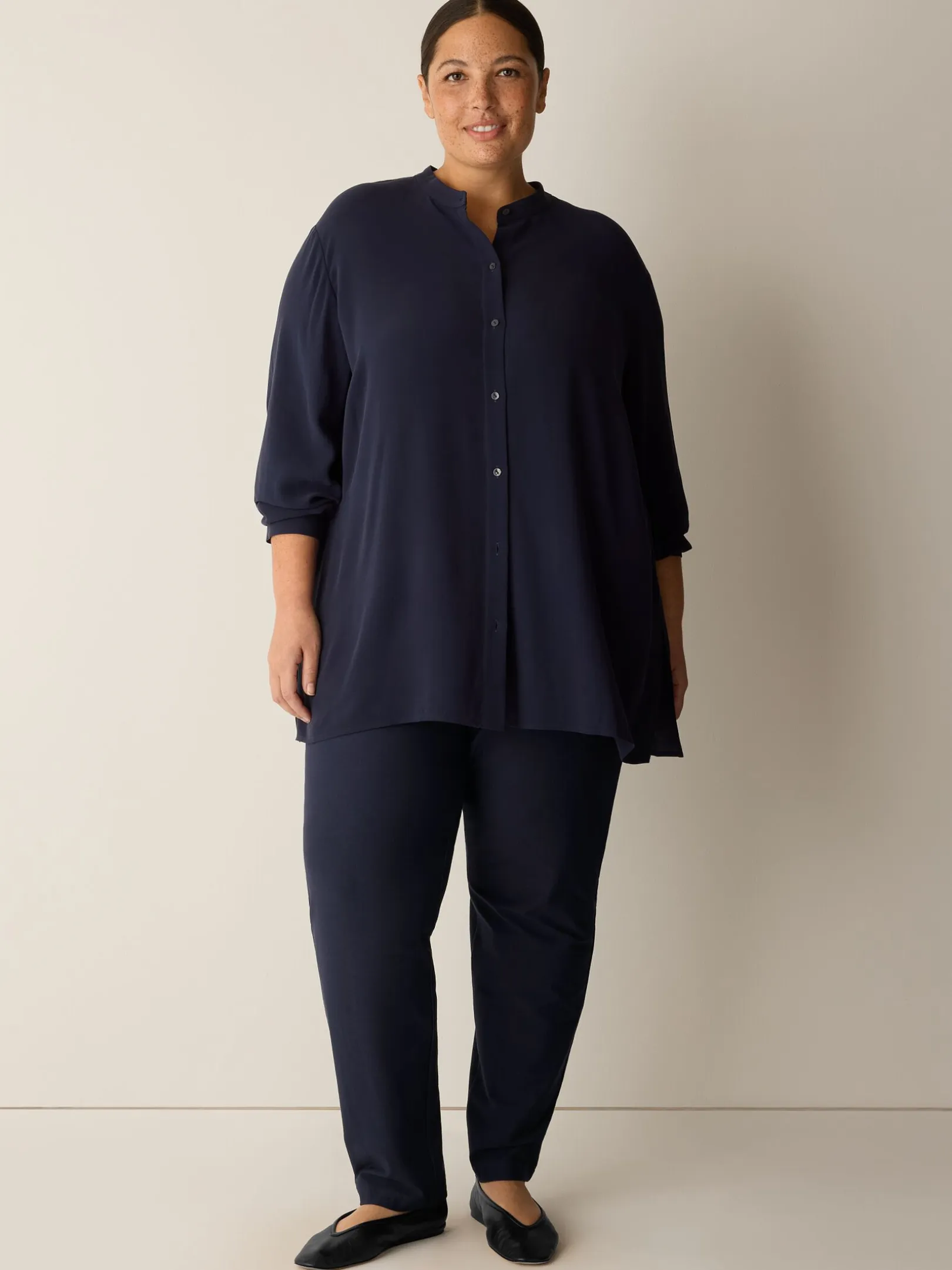 Silk Georgette Crepe Band Collar Shirt