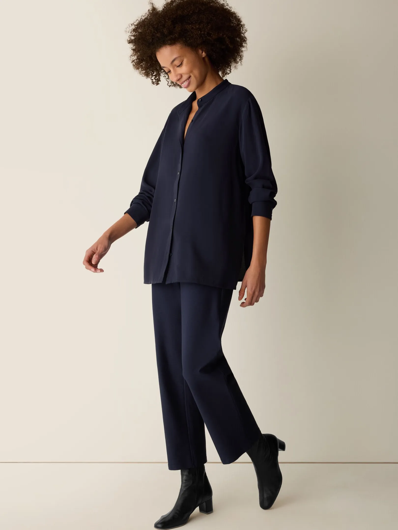 Silk Georgette Crepe Band Collar Shirt