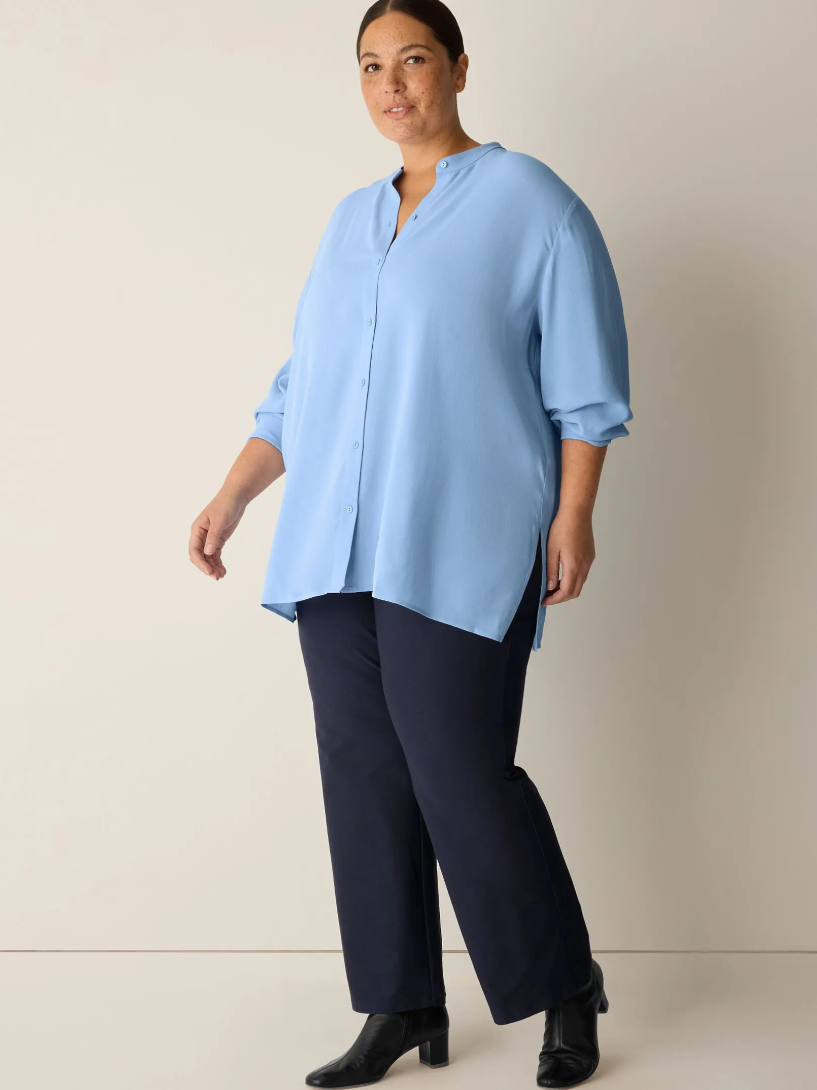 Silk Georgette Crepe Band Collar Shirt