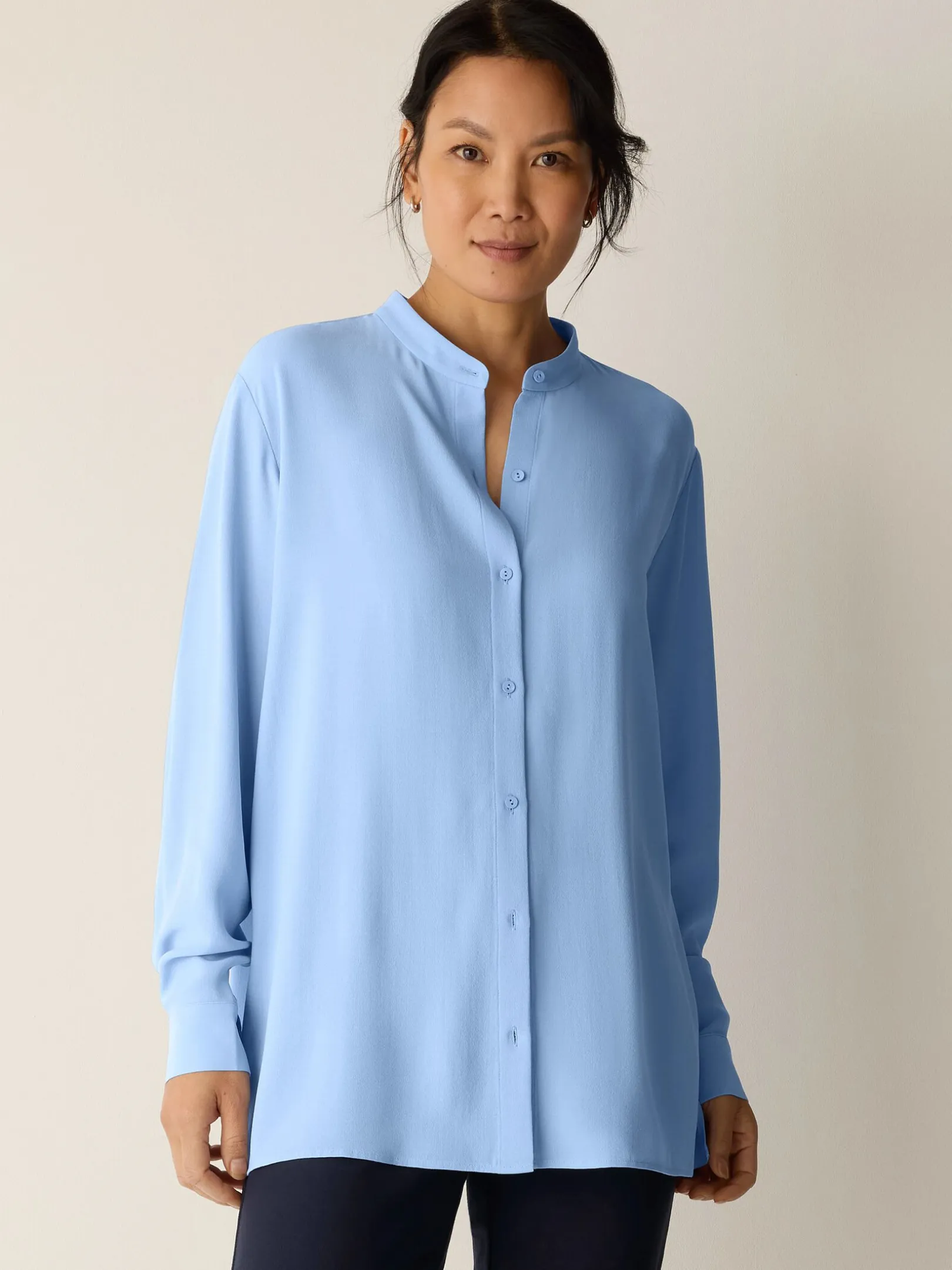 Silk Georgette Crepe Band Collar Shirt