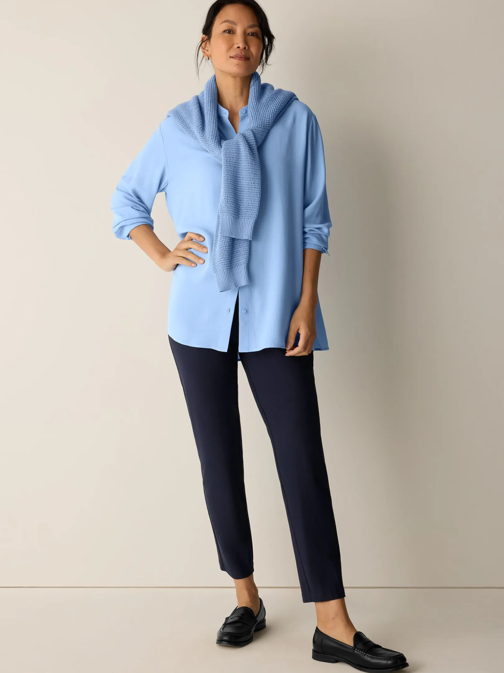 Silk Georgette Crepe Band Collar Shirt