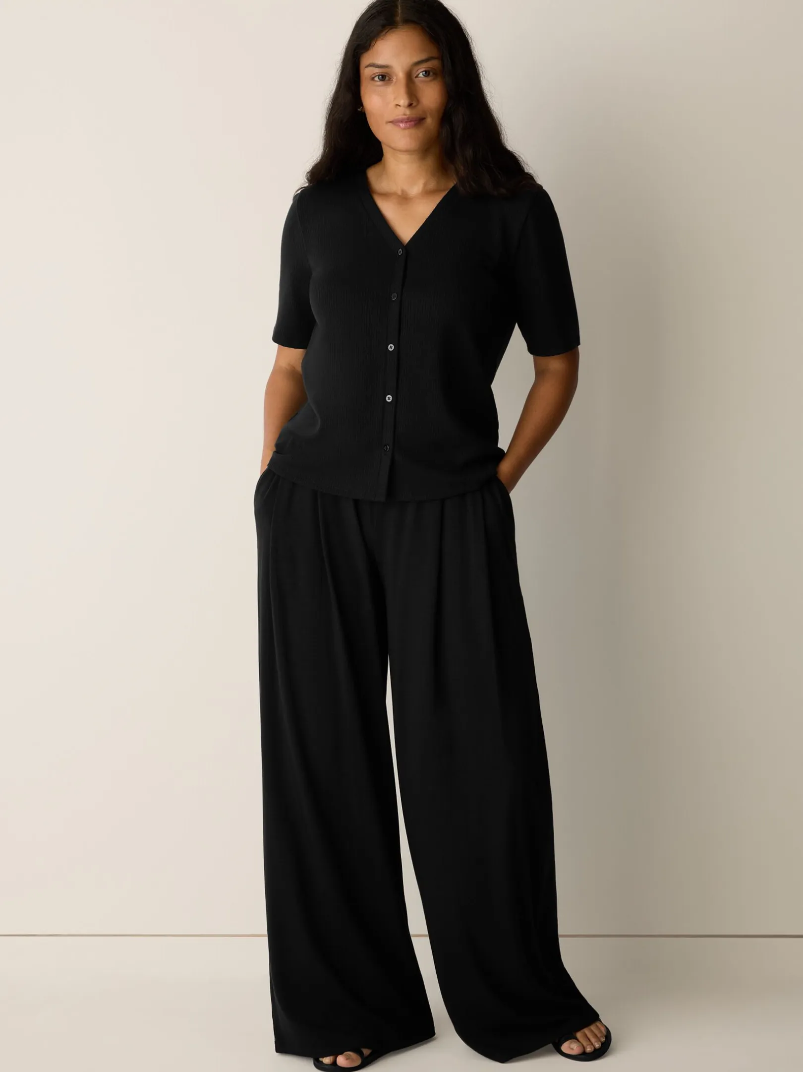 Stretch Jersey Knit Full-Length Wide Pant