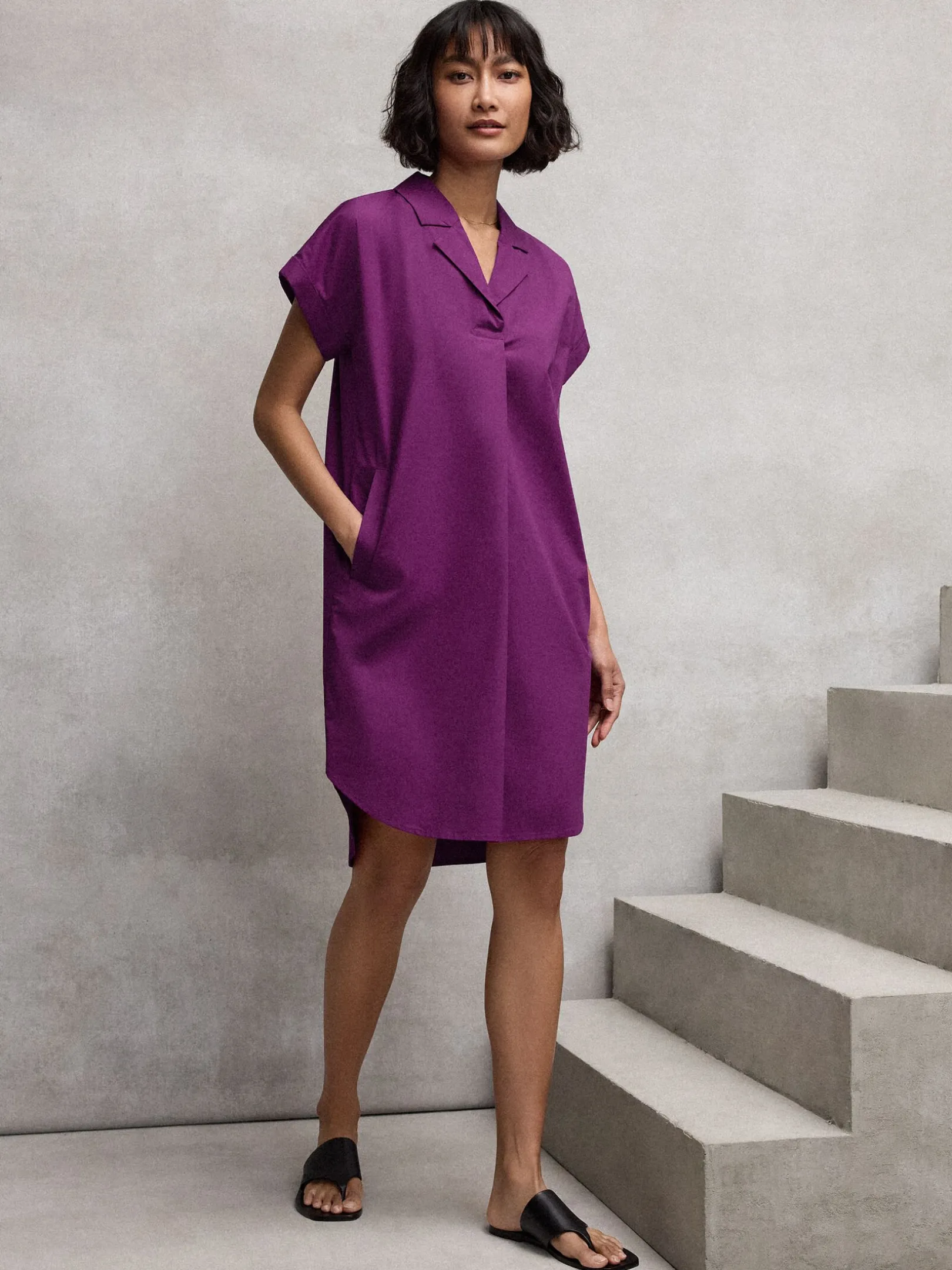Stretch Organic Cotton Poplin Notch Collar Dress