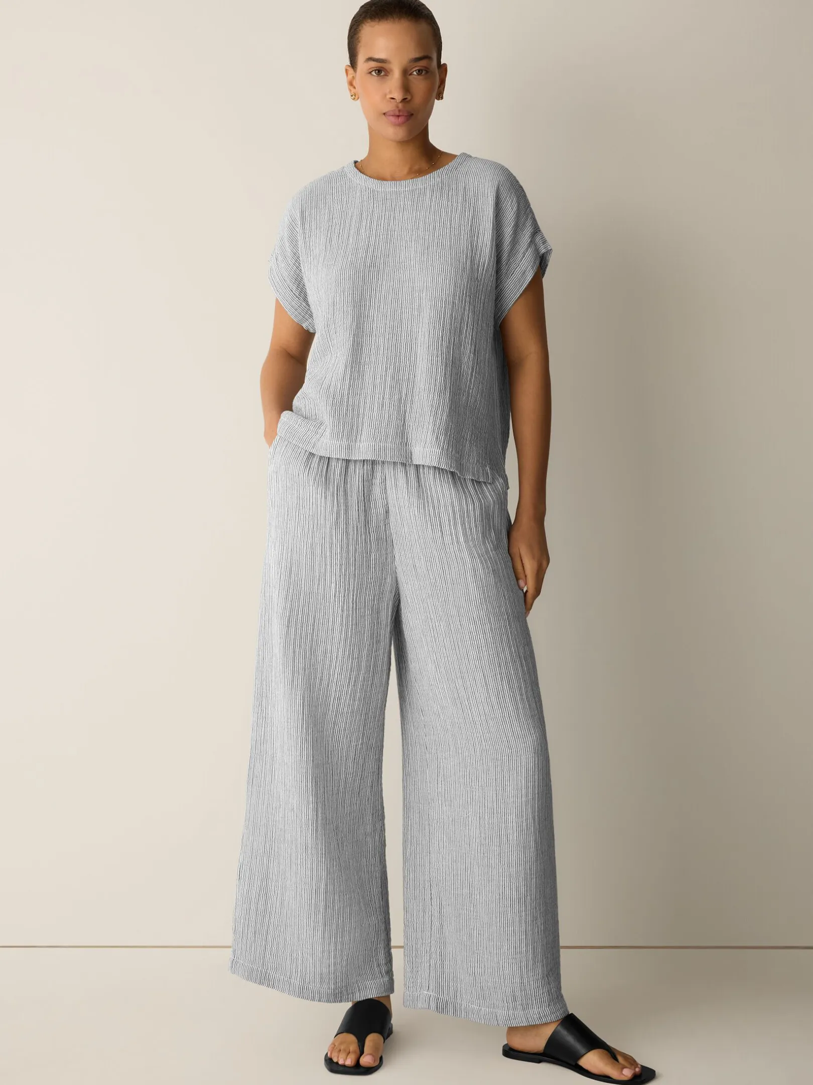 Striped Organic Cotton Gauze Wide-Leg Pant