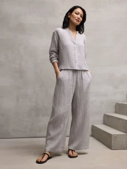 Striped Organic Cotton Gauze Wide-Leg Pant