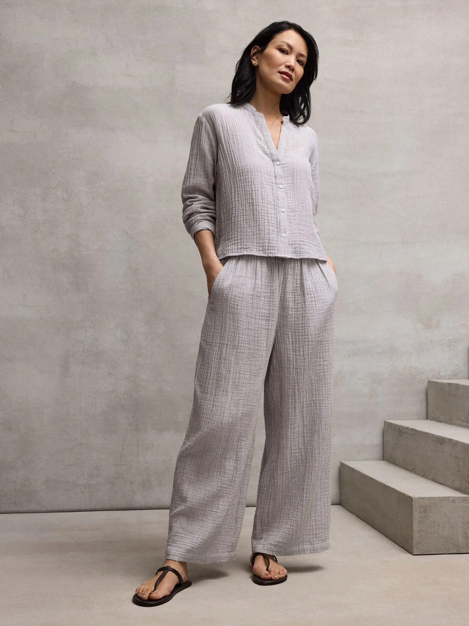 Striped Organic Cotton Gauze Wide-Leg Pant