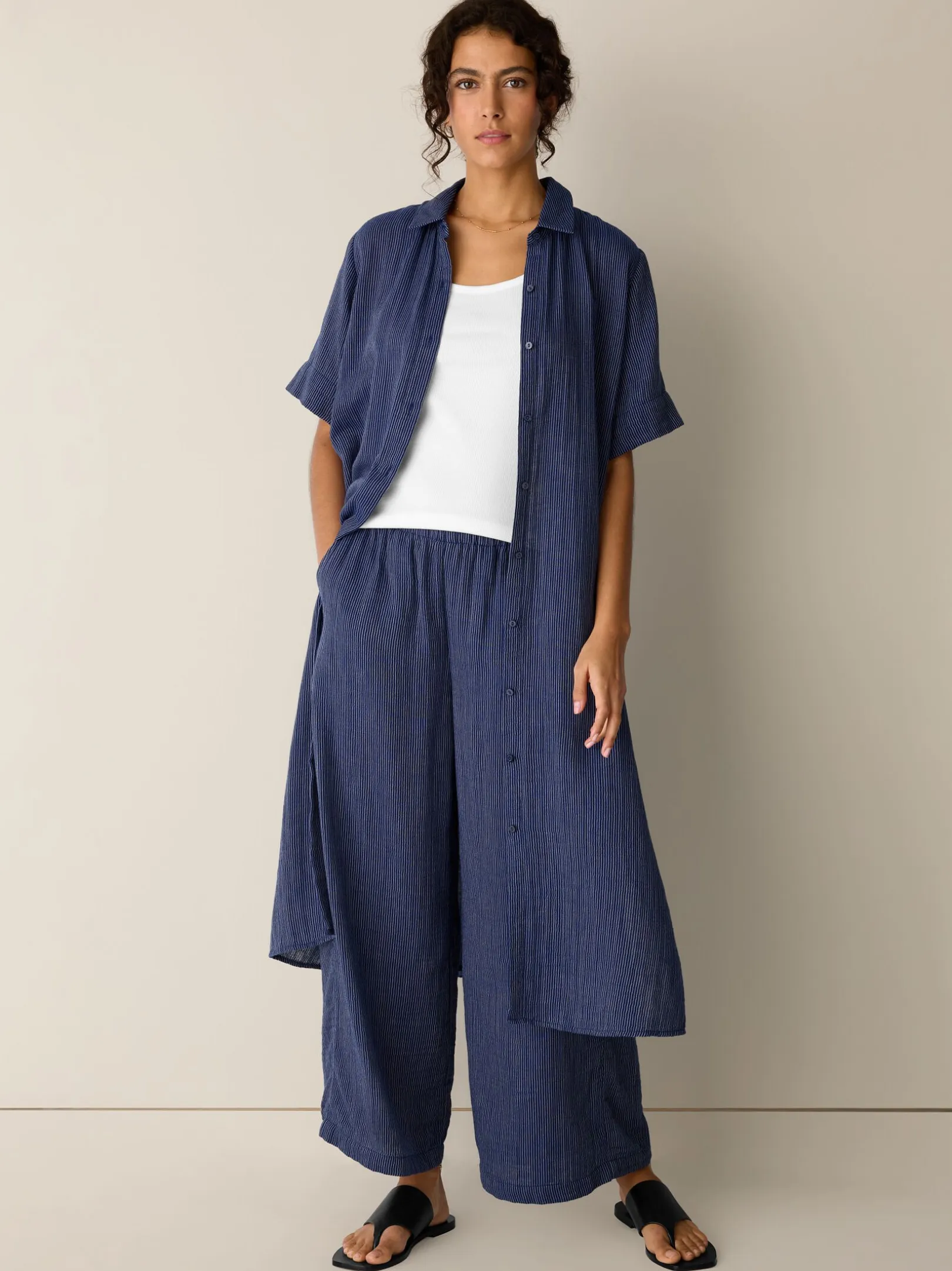 Striped Organic Cotton Gauze Wide-Leg Pant